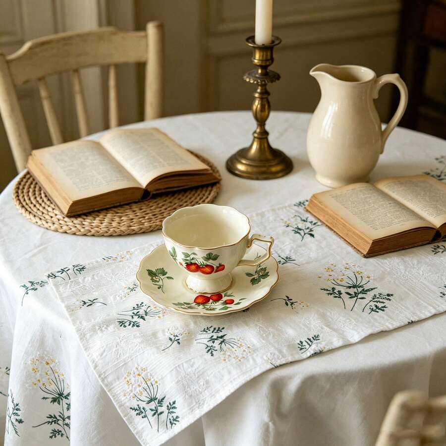 1/2/4pcs Pastoral Style Ins Style Lilac Ditsy Floral Tablecloth, Linen Fabric Embroidered Placemat For Photography - White - View 1