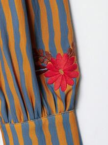 YROOE Women's Autumn/Winter Orange & Blue Vertical Striped Heavy Floral Embroidered Round Neck Front Open Petal Sleeve Short Vintage Jacket - Multicolor - View 7