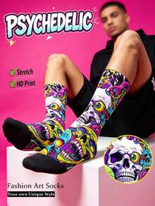 Cool 360° Printed Men's Socks - Street Style Socks, Halloween Pumpkin & Skull Patterns, Street Style, Colorful, Fun Socks, Suitable For Daily, Holiday And Party Occasions - Multicolor - View 2
