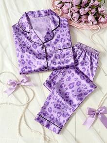 Tween Girl Purple Leopard Print Long Sleeve Pants Pajama 2-Piece Set - Multicolor - View 5