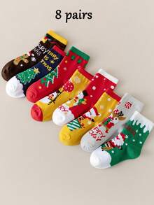 8/4 Pairs Autumn/Winter Kids Christmas Socks, Red Christmas Girl Socks, Boy Socks, Festive Atmosphere, Cute Cartoon Santa Claus, Reindeer, Gingerbread Man Patterns - Multicolor - View 14