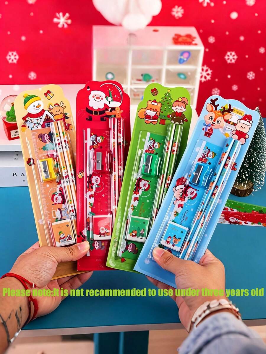 8 Sets Christmas Pencil Drawing 5-In-1 Eraser Pencil Stationery Combo Prize Christmas Gift, Multi-Functional Pencil, Ruler And Eraser School Set, All-In-One Stationery Bag, School Supplies, Birthday And Holiday Gift, Back To School Essential - Holiday Gift Competition Prize Reward (Random Color) - Multicolor - View 1
