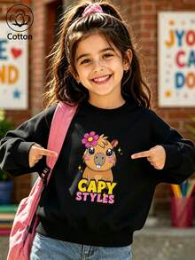 Girls' Cotton Top, Printed, Comfortable, Relaxed-Fit Dropped-Shoulder Sweatshirt, Round-Neck Oversized Sweatshirt - Black - View 1
