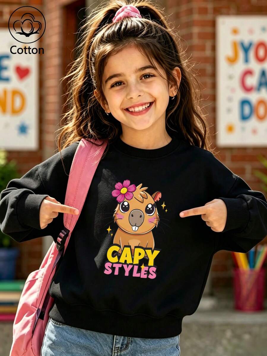 Girls' Cotton Top, Printed, Comfortable, Relaxed-Fit Dropped-Shoulder Sweatshirt, Round-Neck Oversized Sweatshirt - Black - View 1