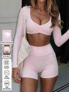 NOIRLYN Women's 2-Piece Yoga Set, Sexy U-Neck Long Sleeve Top With Built-In Bra Pads + High Waist Butt-Lifting Shorts, Suitable For Sports And Elegant Occasions - Pink - View 4