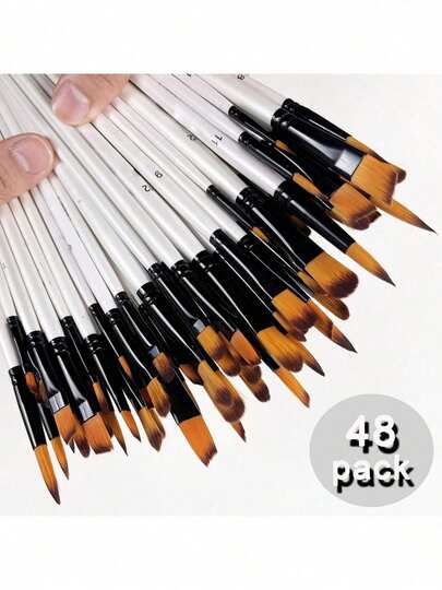 Professional Artist Paint Brush Set - 48pcs/12pcs/6pcs, High-Quality Wooden Handle And Nylon Bristles, Round, Flat, Angle, Filbert Brush Tips, Suitable For Acrylic Painting, Watercolor Painting, Oil Painting, Crafting, Art Supplies