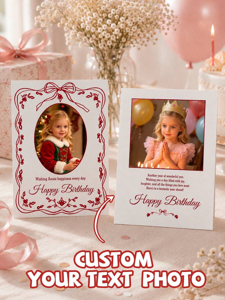 Custom Photo Greeting Card With Text, Personalized Birthday Celebration Card, Elegant Bow Frame Style, Customized Picture Keepsake, Customizable Message Card, Party Table Decor, Birthday Gift, Anniversary Gift, Holiday Greeting Card, Christmas Gifts - Style C - View 1