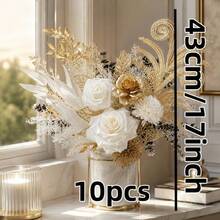 Autumn White & Gold Mixed Floral Artificial Bouquet, Gold Peony/Manta Rose Mixed Color Combination, 10pcs Set, Living Room, Bedroom, Study, Patio Atmosphere Decoration, Holiday Gift (Vase Not Included) - Gold - View 2