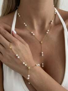 1pc Women's Y-Shaped Necklace With Finger Bracelet, Gold Stainless Steel, Waterproof, Fade-Resistant, Hypoallergenic, Inlaid With CZ Stars And Faux Pearl Beads, Elegant Style, Suitable For Daily Wear, Parties And Dates - Multicolor - View 1