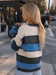 Sweater Rajut Pullover Wanita Kerah Bulat Desain Garis Lebar Minimalis Kasual Musim Dingin - MultiWarna - View 2