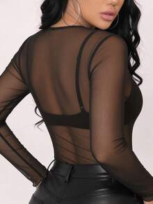 Women Long Sleeve Crew Neck Tops Base Layer Fall Clothes Ultra Thin Traceless Undershirts Slim Spring Going Out Black Outfit Halloween Winter Mesh - Black - View 4