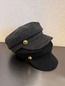 1 Buah Topi Newsboy Retro Wanita, Beret Kasual Gaya Inggris Warna Polos dengan Gesper Emas - Sempurna untuk Pesta, Gaya Jalanan, dan Pakaian Luar Ruangan - Hitam - View 3