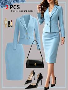 Women's Spring/Autumn Elegant Commute 2 Pieces Set, Short Waist-Cinching Vintage British Style Faux Pocket Button Detail Blazer - Sky Blue - View 1