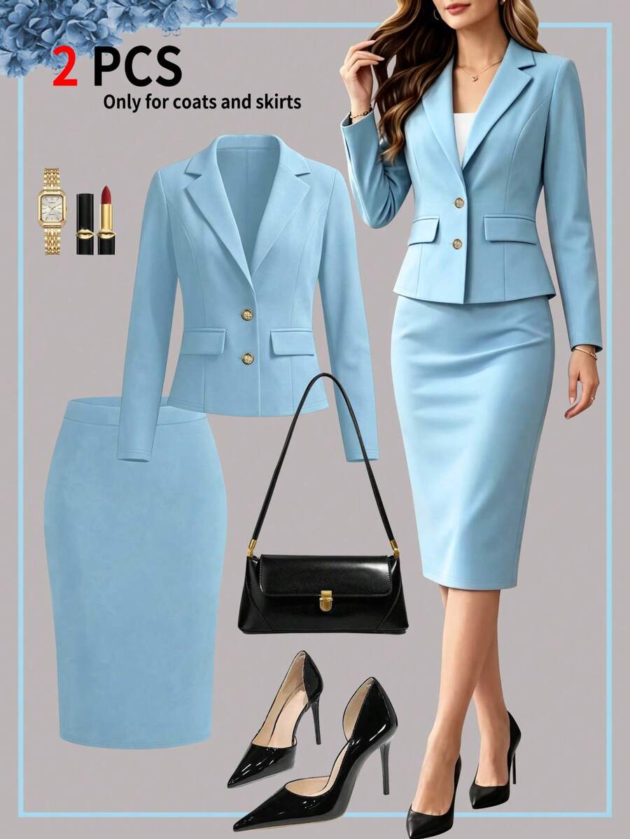 Women's Spring/Autumn Elegant Commute 2 Pieces Set, Short Waist-Cinching Vintage British Style Faux Pocket Button Detail Blazer - Sky Blue - View 1