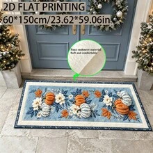 1pc Vintage Autumn Long Hallway Runner Rug, Harvest Orange And Blue-White Pumpkin Maple Leaf Floral Print Plush Carpet, Faux Cashmere Material, Suitable For Bathroom, Kitchen, Entryway, Hallway, Bedside, Living Room, Bedroom, Machine Washable, Non-Slip Backing, Halloween Decor, Bathroom Accessories, Room Decoration, Autumn Decor - Multicolor - View 10