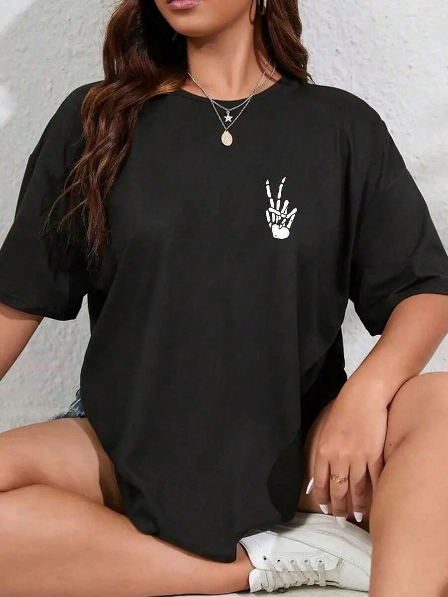 100% Cotton Skeleton Hand Peace Sign Bone T-Shirt Casual Short Sleeve Shirt - Black - View 1