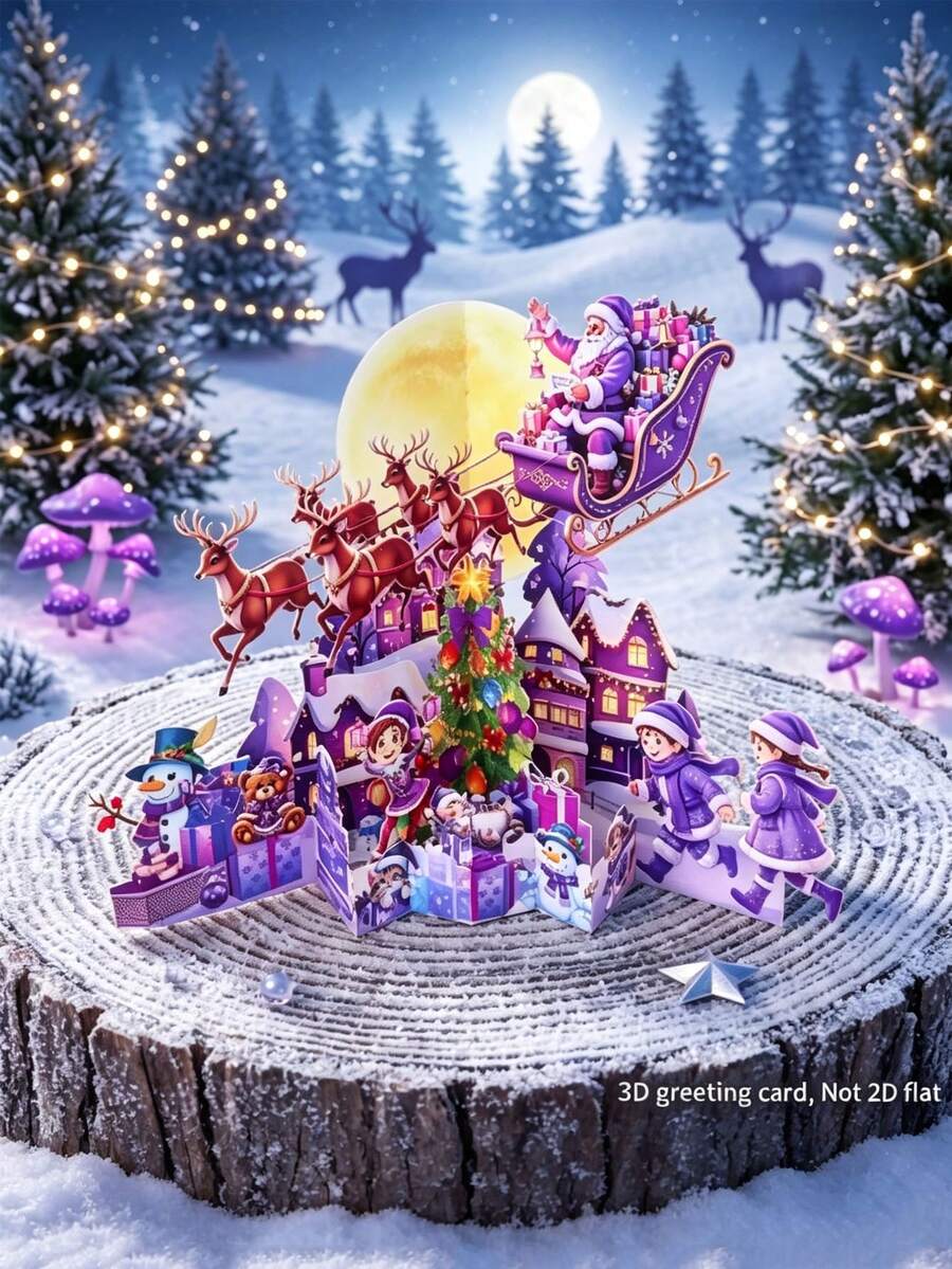 1pc 3D Greeting Card: Featuring A Christmas Town Scene With Purple Santa Sleigh, Flying Reindeer, Snowman, Christmas Tree And Gift Boxes; Suitable For Desktop Decoration, Christmas Dinner Gift Or Winter Theme Party Accents. - One Size Fits All - View 1