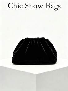 Women's Evening Clutch Bag, Cloud-Shaped, Solid Color Pattern, Velvet Fabric, Top Ruched Drawstring Design, Portable, Elegant And Luxurious, Suitable For Weddings, Parties, Balls And Banquets - Black - View 8