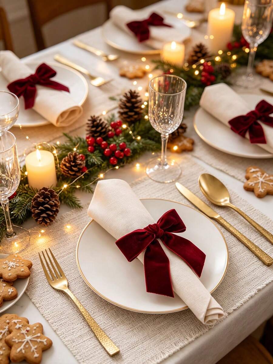 1/2/6pcs Christmas Velvet Bow Napkin Rings, Reusable Burgundy Bow Napkin Holders, Elegant Table Decor Napkin Rings, Suitable For Christmas Holiday Dinner, Wedding Banquet, Family Gathering And Other Table Settings - Red - View 1