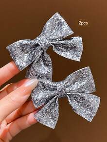 2pcs Korean Style Minimalist Silver Bow Hair Clips, Suitable For Daily Wear Hair Accessories - Silver - View 5