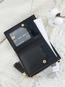新款女款短夾,可折疊扣式便攜現金信用卡夾,流蘇裝飾零錢包,適合通勤與旅行 - 黑色 - 查看 6