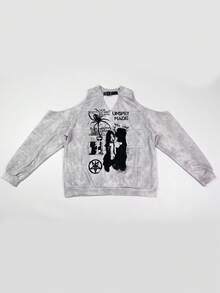 Korean Style Sweet Cool Hot Girl Spider Graffiti Off-Shoulder Long Sleeve Sweatshirt Women Autumn Winter Design Loose Slimming Top - Light Grey - View 6