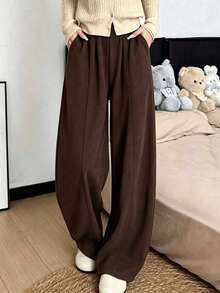 8-12 Years Old Girls Dark Brown Corduroy Wide Leg Pants, Elastic Waist With Center Seam, Drapey Ribbed Floor-Length Loose Casual Trousers - Brown - View 2