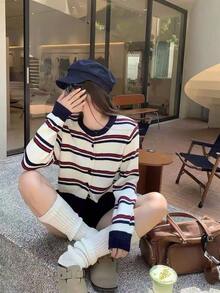 Women's Vintage Contrast Color Striped Long Sleeve Cardigan Round Neck Loose Drop Shoulder Versatile Knit Sweater - Multicolor - View 5