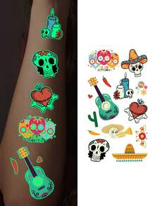 10 Sheets, Mexican Day Of The Dead Series Temporary Tattoo Stickers, Glow-In-The-Dark, Luminous Light Up In The Dark, Body Art Waterproof Fake Tattoo Stickers - Multicolor - View 3