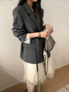 Blazer Wanita Musim Gugur/Dingin, Modis, Warna Polos, Berlapisan, Ukuran Besar, Bantalan Bahu, Bahu Lebar, Kancing Tunggal, Berikat Pinggang, Panjang Sedang, Lengan Panjang - Grey - View 4