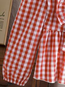 Left Mama Girls Sweet Elegant Square Neck Big Bow Plaid Long Sleeve Top & Straight Leg Pants Set, Spring/Autumn - Red - View 5