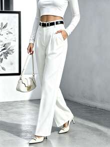 Women's Solid Color Pocket Draped Button Casual Wide Leg Long Pants - White - View 6