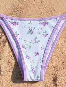 SwimNova Spring/Summer Fresh Floral Halter Neck Light Purple Trim Bikini Top And Triangle Bottom 2 Pieces Set For Beach Vacation Party - Multicolor - View 5