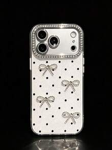 1pc White Sparkling Rhinestone Polka Dot Bow Phone Case, Compatible With IPhone 18 Pro Max, 17, 16 Pro, 15 Pro, 14 Pro, 13, 12, 11, Glitter Camera Protection Cover, Colorful Acrylic Protective Shell - White 3D Bow - View 5