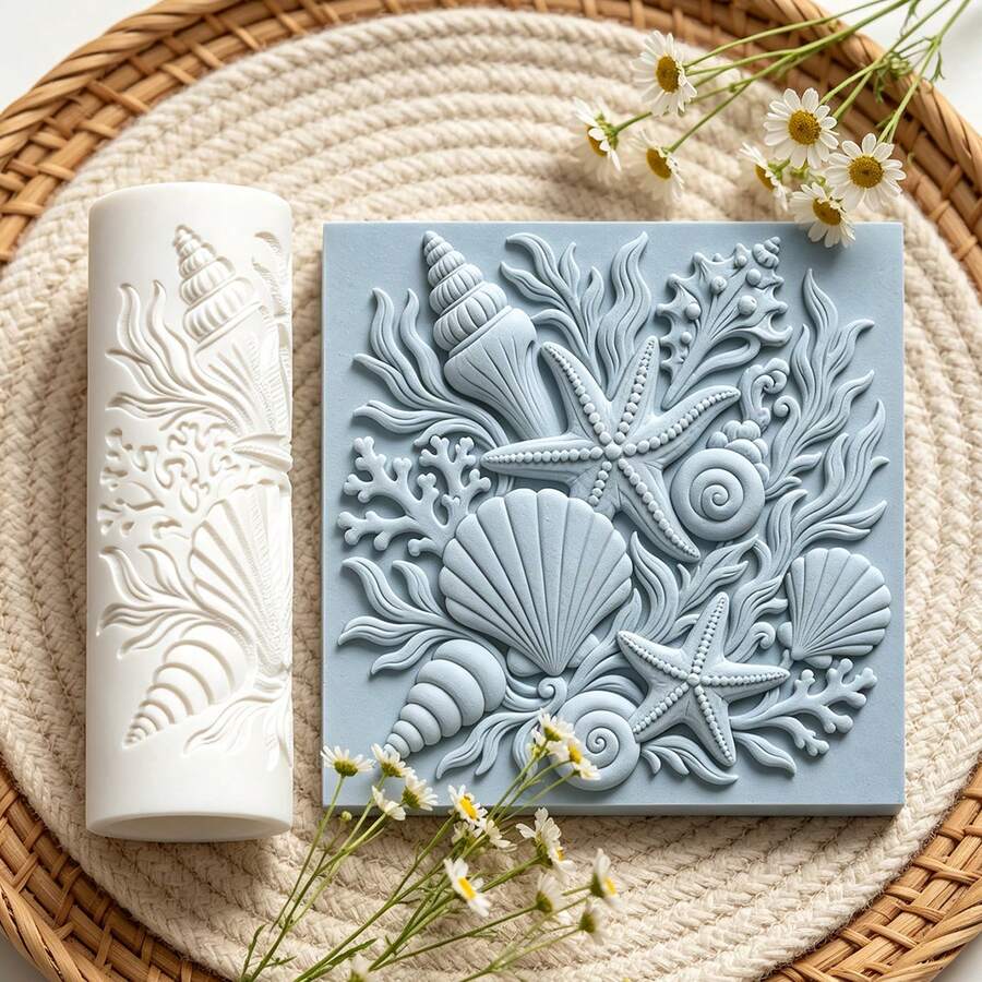 1Pc Seashell Starfish Texture Roller, Ocean Shell Pattern Clay Embossing Roller, DIY Handmade Earring Pendant Jewelry Craft Supplies