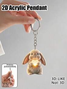 Cute 2d Flat Acrylic Lop-Eared Rabbit Heart Keychain, Bag Charm, Car Keychain Accessory, Gift For Girls (The Charm Is Flat, Not 3d). - Multicolor - View 3