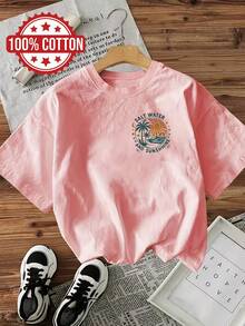 Summery Women's Top In A Casual Style With A Vintage Print On Both Sides, Featuring Coconut Palms, Sun And The Text "SALT WATER AND SUNSHINE" On A Sho - Pink - View 4