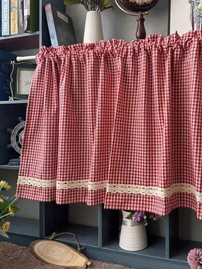 1 pieza Cortina corta a cuadros rojos estilo retro japonés, cortina de media longitud para ventana, cortina de gabinete, cortina pequeña para baño