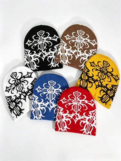 1pc Unisex Patterned Jacquard Knit Beanie, Face-Slimming Minimalist Versatile Cold Weather Hat, Warm Outdoor Streetwear Cycling Sports Anti-Cold Pullover Cap