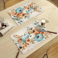 1/4/6pcs Autumn Series Blue & Orange Floral Pumpkin Pattern Printed Placemats, Heat-Resistant Table Mat For Home Kitchen, Table Protection, Kitchen Dining Table, Party Scene Decoration - Multicolor - View 9