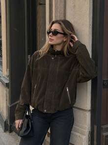 Women's Autumn Long Sleeve Suede Stand Collar Loose Jacket Fashion Style - Brown - View 8