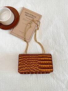 Faux Leather Solid Color Stone Texture Fashion Mini Chain Strap Patent Leather Shoulder Bag - Brown - View 5
