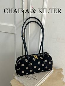 CHAIKA & KILTER 1件裝配色磨砂麂皮布料女款時尚大容量保齡球包 全身波點圖案 雙手柄設計 拉鍊開合 適合日常與街頭使用 - 黑色 - 查看 5