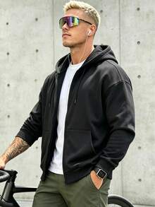Men's Casual Black Cargo Zip-Up Hoodie With Drawstring Hood And Kangaroo Pocket, Soft Fabric - Black - View 6
