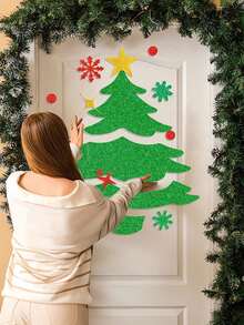 1 Set Cute Christmas Felt Door & Window Sticker Decoration Kit - Reindeer, Snowman, Santa Claus, Snowflake, Christmas Tree And "Merry Christmas" Text Design - For Holiday Home Decor, Creating Festive Atmosphere And Seasonal Celebration (Includes Adhesive Dots) - Multicolor - View 2