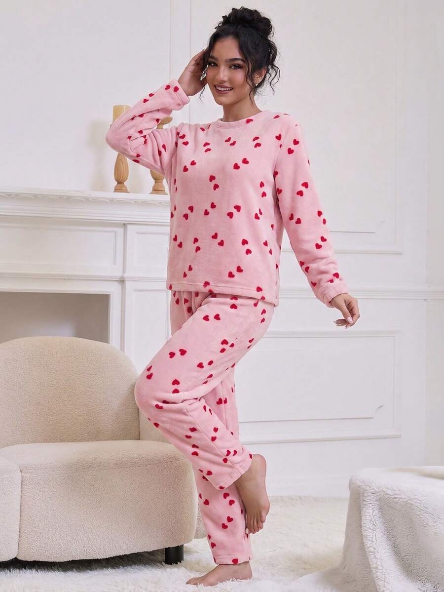Women's Cute Double Heart Print Long Sleeve Fuzzy Top And Flannel Pants Pajama Set - Pink - View 1
