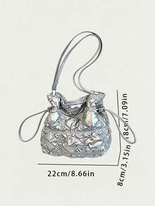 Women's Ruched Textured Bucket Bag With Adjustable Thin Shoulder Strap, Loose Multi-Compartment Storage, Drawstring Closure, Niche Style, Versatile Crossbody Shoulder Bag For Daily, Dating, Party, Travel, Shopping And Casual Wear - Silver - View 2