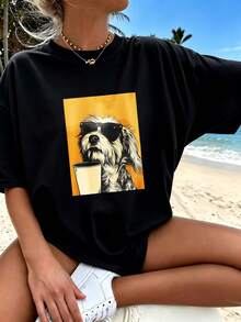 Women Cotton T‑Shirt, Urban Girl Style, Playful Pet‑Themed Motif, Daily & Beach Wear, Summer Casual Weekend Apparel - Black - View 1