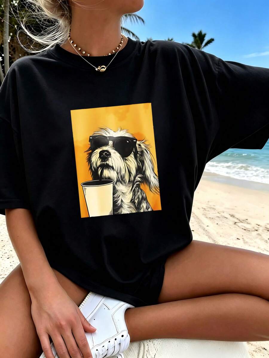 Women Cotton T‑Shirt, Urban Girl Style, Playful Pet‑Themed Motif, Daily & Beach Wear, Summer Casual Weekend Apparel - Black - View 1