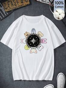Women's Oversized Short-Sleeve Cotton Graphic T-Shirt, Y2K Harajuku SKZOOS Star Compass Style, Perfect For Autumn, Fans, And Casual Everyday Wear - White - View 1